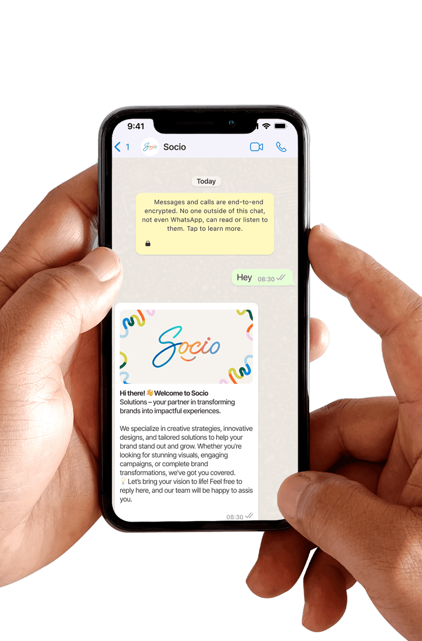 WhatsApp conversation mockup on a phone